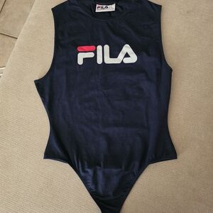 Fila Black Sleeveless Logo Bodysuit with Red & White Details